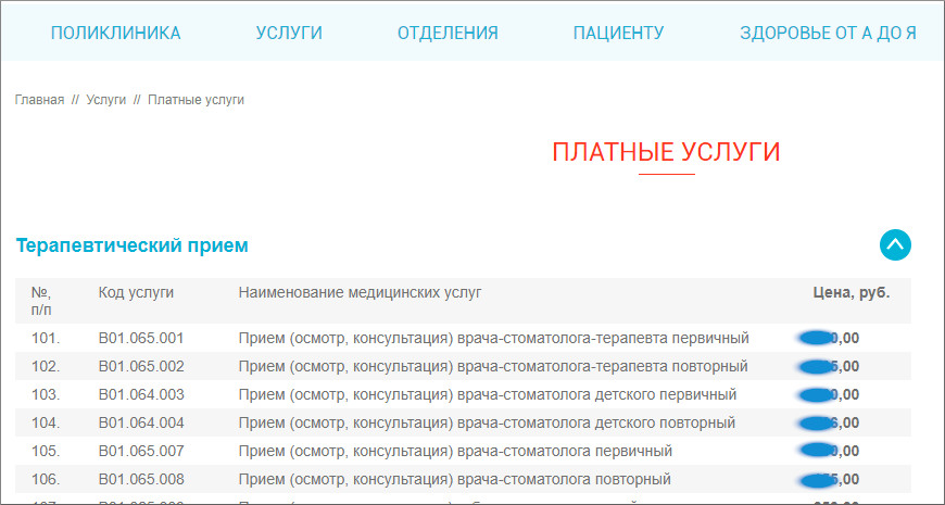 прайс-лист стоматологии